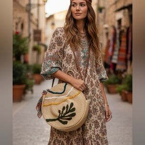 Bohemian Circle raffia straw shoulder bag crochet purse